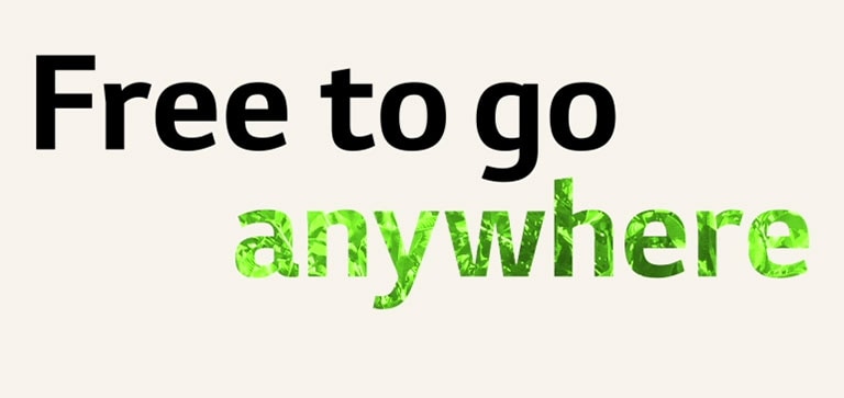 「Free to go anywhere」的 GIF 圖。為了突出顯示「任何地方」，文字顏色和圖案會發生變化。