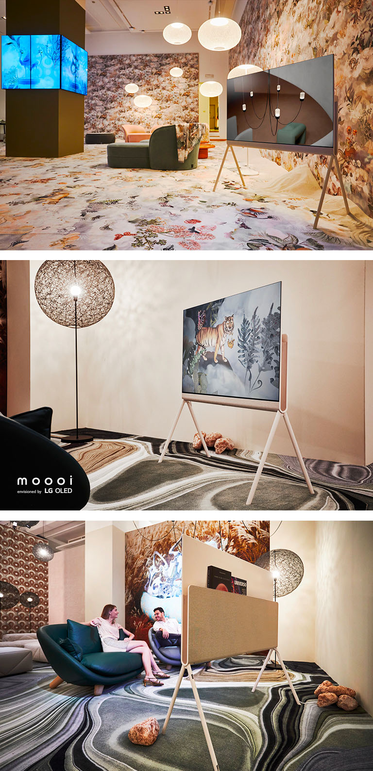 Posé 為 Moooi 的 Divine Dreams（瘋狂夢想）系列的一部分，畫面上展現現代室內裝飾，周圍的裝飾呈現從雲層中探頭出來的蝴蝶和花朵。Posé 的正視圖，是 Moooi 的 Defy Gravity（反重力場）系列的一部分，畫面上呈現老虎藝術品，地毯上模仿層巒疊嶂。Posé 的背視圖，是 Moooi 的 Defy Gravity（反重力場）系列的一部分，其電線和配件整理器中裝有以太空為主題的書籍。Moooi 構思的 LG OLED 標誌。