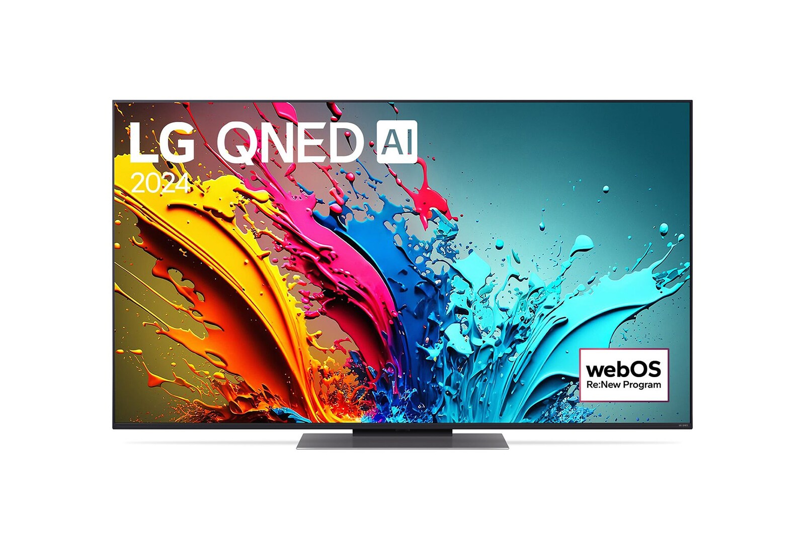 LG QNED86 4K 智能電視的正面圖，螢幕上顯示文字「LG QNED, 2024」和 webOS Re:New Program 標誌