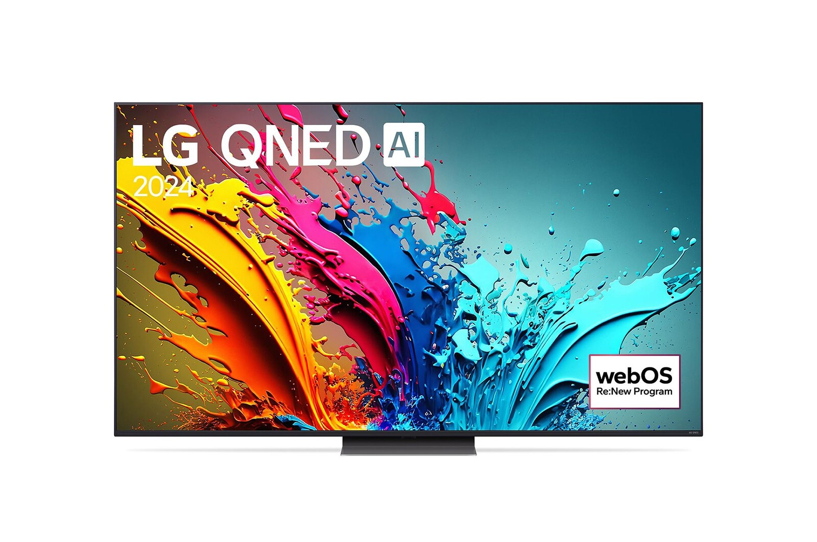LG QNED86 4K 智能電視的正面圖，螢幕上顯示文字「LG QNED, 2024」和 webOS Re:New Program 標誌