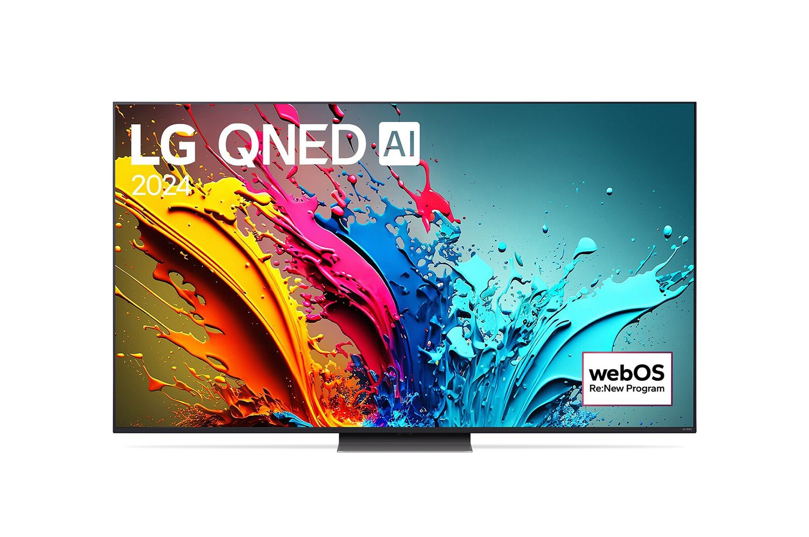 LG QNED86 4K 智能電視的正面圖，螢幕上顯示文字「LG QNED, 2024」和 webOS Re:New Program 標誌