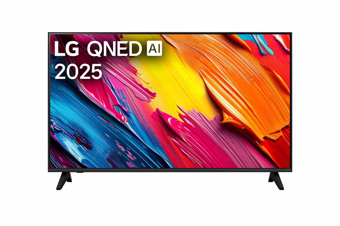 LG QNED70 電視的正視圖,上方角落有 LG QNED Al Logo。LG QNED 電視上描繪著色彩繽紛的顏料紋理。