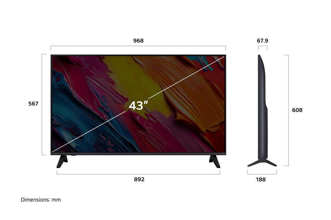 LG QNED AI QNED70 4K 智能電視的正視圖和側視圖,顯示其長度、寬度、高度及深度尺寸。