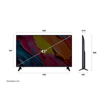 LG QNED AI QNED70 4K 智能電視的正視圖和側視圖，顯示其長度、寬度、高度及深度尺寸。