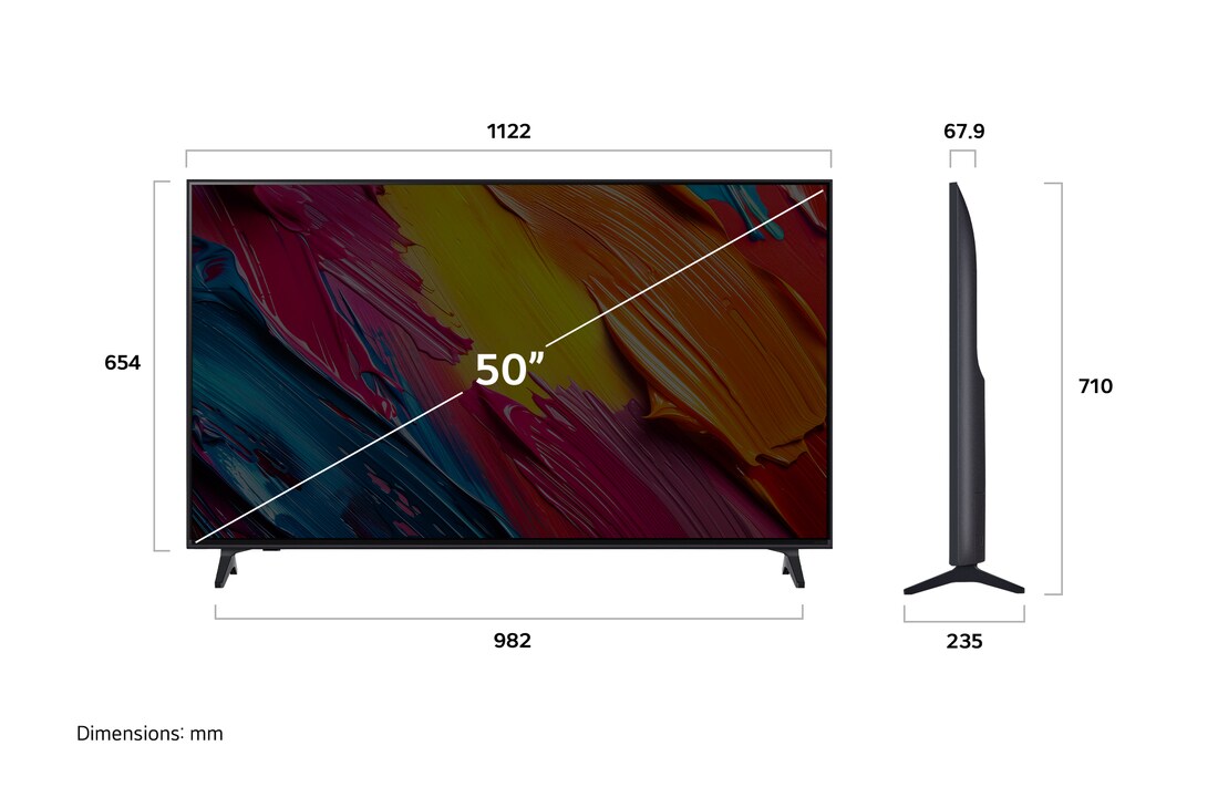 LG QNED AI QNED70 4K 智能電視的正視圖和側視圖,顯示其長度、寬度、高度及深度尺寸。
