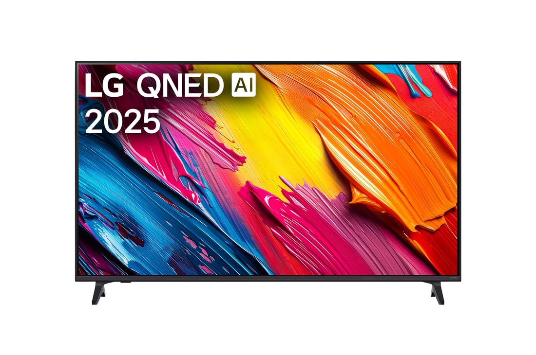LG QNED70 電視的正視圖,上方角落有 LG QNED Al Logo。LG QNED 電視上描繪著色彩繽紛的顏料紋理。