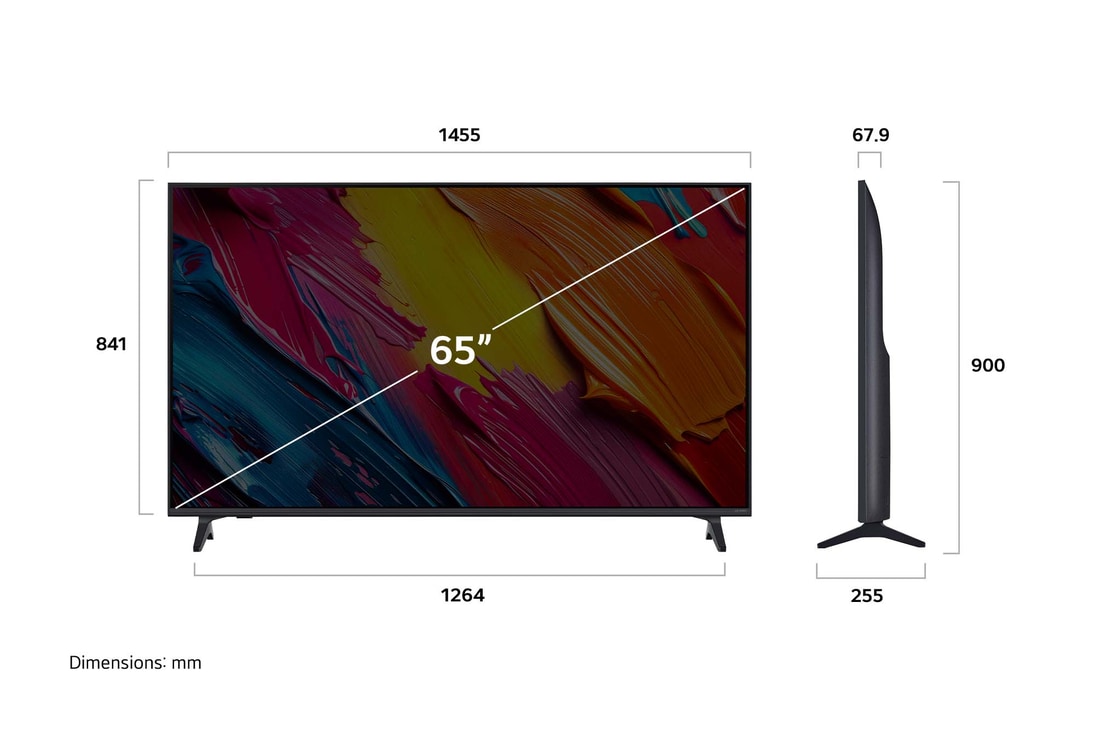 LG QNED AI QNED70 4K 智能電視的正視圖和側視圖,顯示其長度、寬度、高度及深度尺寸。
