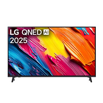 LG QNED70 電視的正視圖，上方角落有 LG QNED Al Logo。LG QNED 電視上描繪著色彩繽紛的顏料紋理。