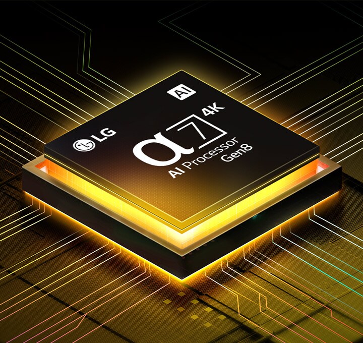 alpha 7 Gen8 AI 處理器發出黃色光芒,並從中發射出彩色的閃電。