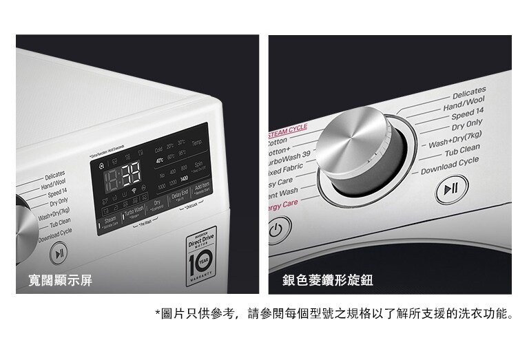 LG洗衣機控制面板,寬闊顯示屏及銀色旋鈕,展示多種洗衣模式,位於洗衣機前面右側。