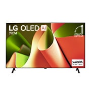 正面視圖，LG OLED B4 TV，11 年世界第一的 OLED 標誌和 webOS Re:New 計劃標誌顯示在屏幕上，帶有兩極座檯架。