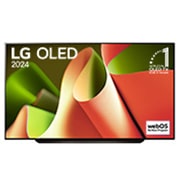 正面視圖，LG OLED B4 TV，11 年世界第一的 OLED 標誌和 webOS Re:New 計劃標誌顯示在屏幕上，帶有兩極座檯架。