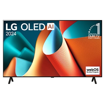 LG OLED AI B4E 電視的正面視圖，11 年世界第一的 OLED 標誌和 webOS Re:New 計劃標誌顯示在屏幕上，配有兩腳座檯架。