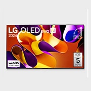 正面視圖，LG OLED evo G4 4K 智能電視，11 年世界第一的 OLED 標誌和 5 年面板保養標誌顯示在屏幕上