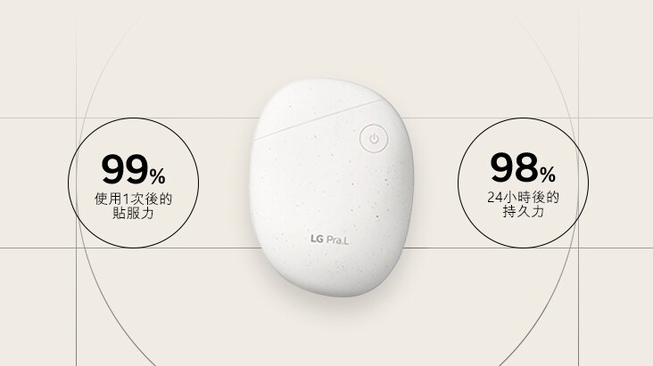 女模特兒拿著產品的圖片。 化妝後，使用 1 次後貼服增加 99%，24 小時後維持力 98%。