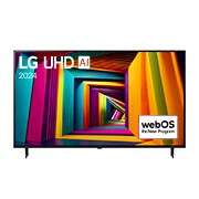 LG UHD 4K 智能電視 UT90 的正面圖，螢幕上顯示文字「LG UHD AI ThinQ, 2024」和 webOS Re:New 計劃標誌