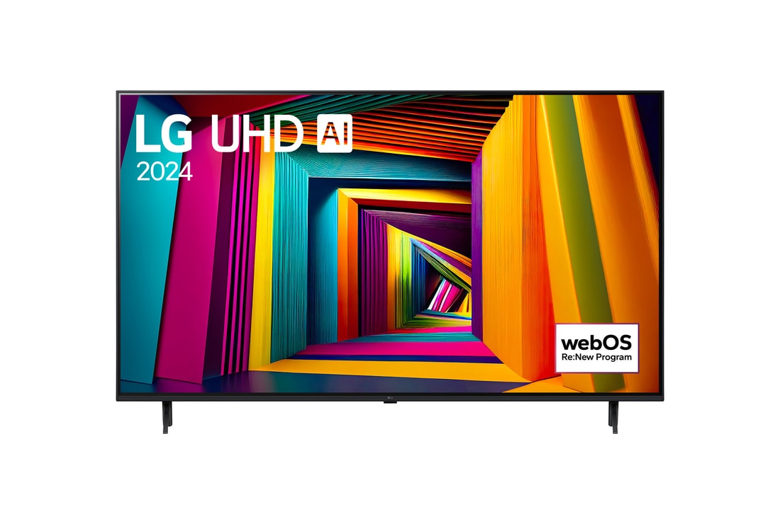 LG UHD 4K 智能電視 UT90 的正面圖，螢幕上顯示文字「LG UHD AI ThinQ, 2024」和 webOS Re:New 計劃標誌