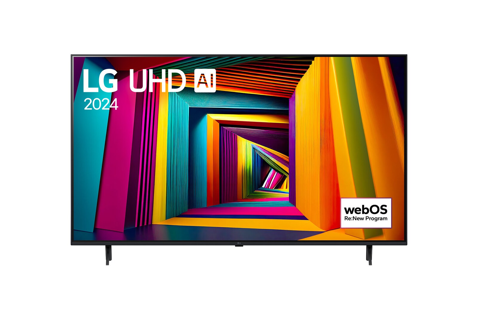 LG UHD 4K 智能電視 UT90 的正面圖，螢幕上顯示文字「LG UHD AI ThinQ, 2024」和 webOS Re:New 計劃標誌