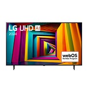 LG UHD 4K 智能電視 UT90 的正面圖，螢幕上顯示文字「LG UHD AI ThinQ, 2024」和 webOS Re:New 計劃標誌