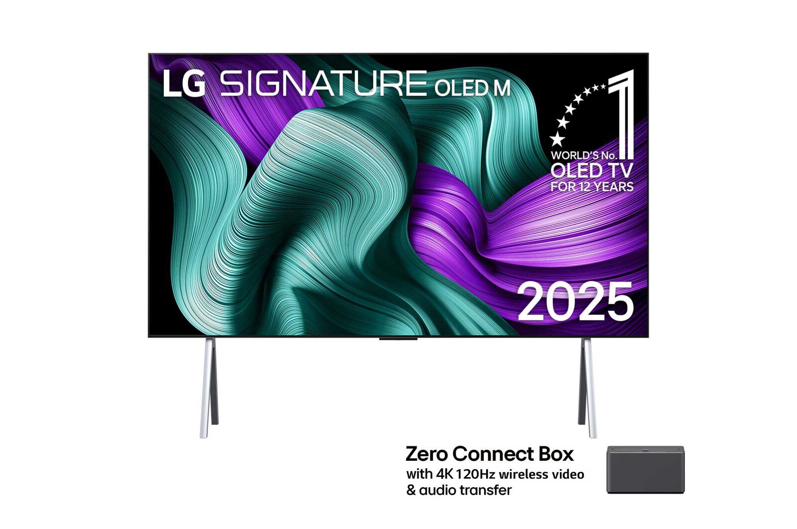 LG SIGNATURE OLED M5 電視正視圖。螢幕上顯示著「12 年世界第一的 OLED」和「LG SIGNATURE OLED M」標誌。角落裡的 Zero Connect Box，標題為「Zero Connect Box 支援 4K 無線影音傳輸功能」