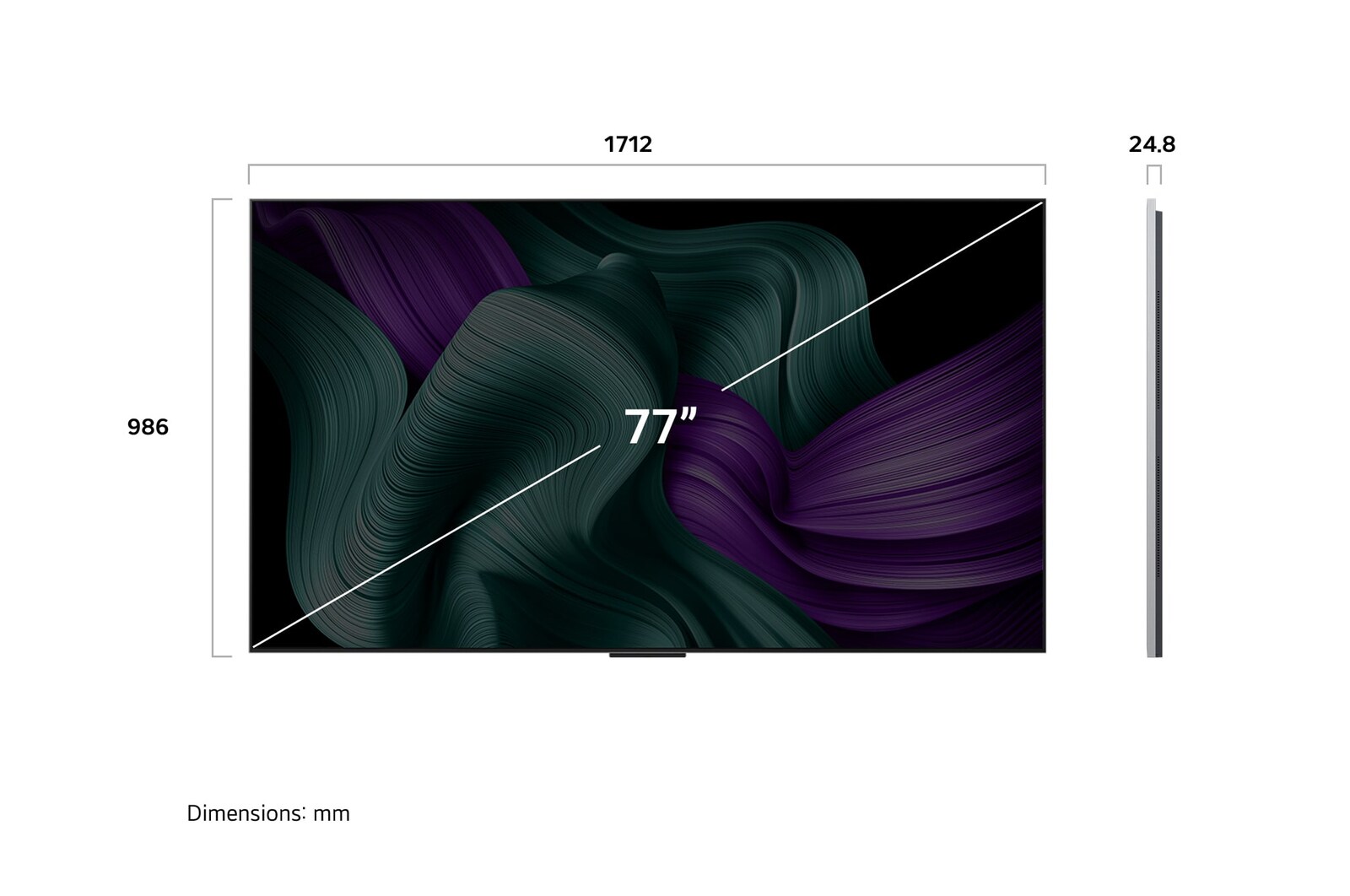 LG OLED M5 電視的正視圖和側視圖，顯示其長度、寬度、高度及深度尺寸。