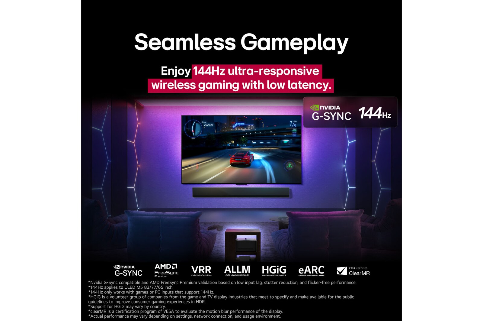 LG OLED M5 電視的螢幕上正在播放遊戲，展示流暢無縫遊戲體驗。Zero Connect Box 與空間完美融合。遊戲認證標誌清晰可見。文字提到：120Hz 超高速、低延遲的無線遊戲體驗。