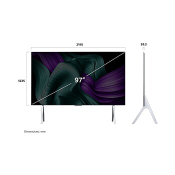 LG OLED M5 電視的正視圖和側視圖，顯示其長度、寬度、高度及深度尺寸。