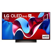 正面視圖，LG OLED evo C4 4K 智能電視，11 年世界第一的 OLED 標誌和 webOS Re:New 計劃標誌顯示在屏幕上