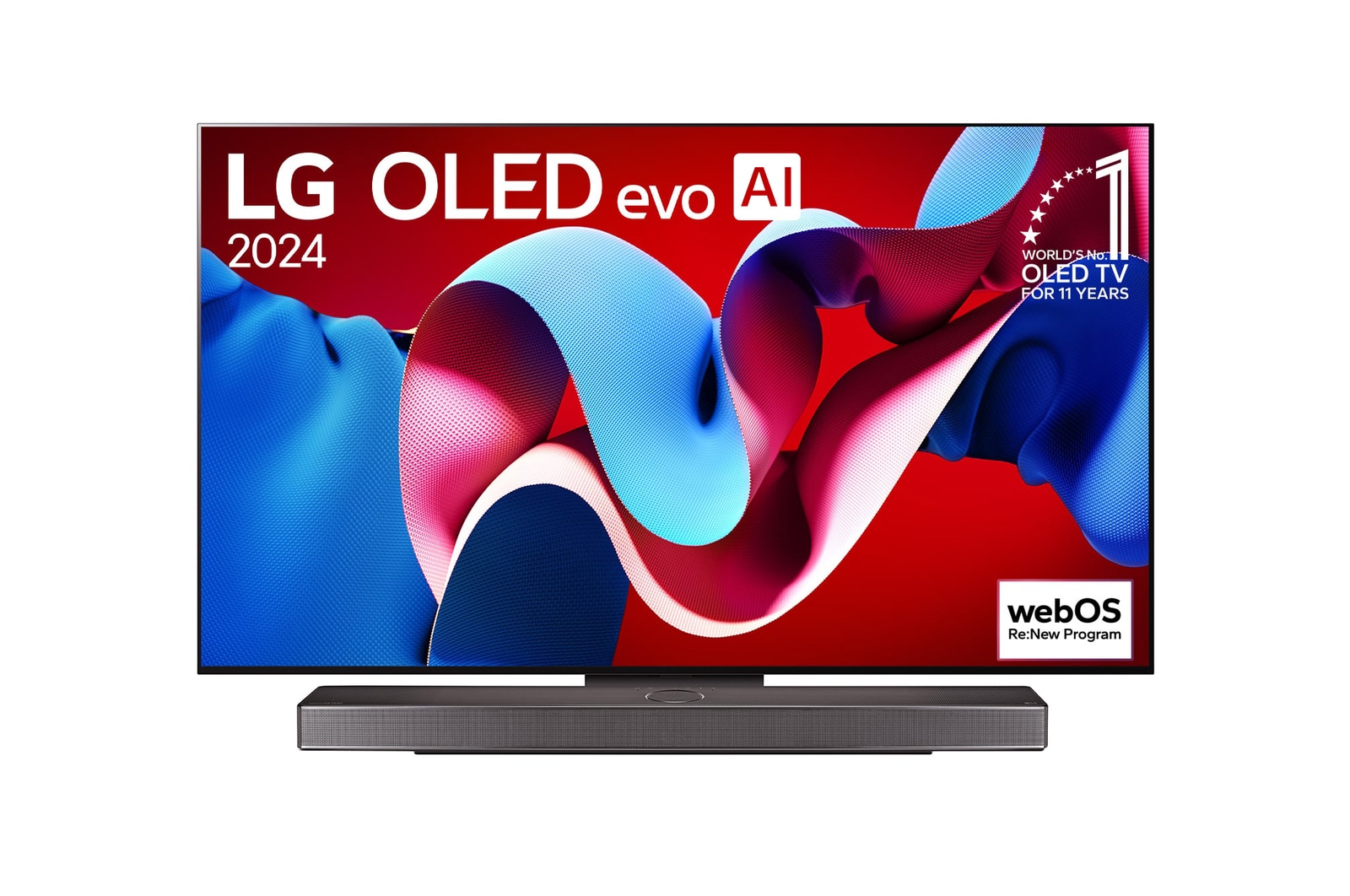 正面視圖，LG OLED evo C4 4K 智能電視，11 年世界第一的 OLED 標誌和 webOS Re:New 計劃標誌顯示在屏幕上，而其下方是 Soundbar