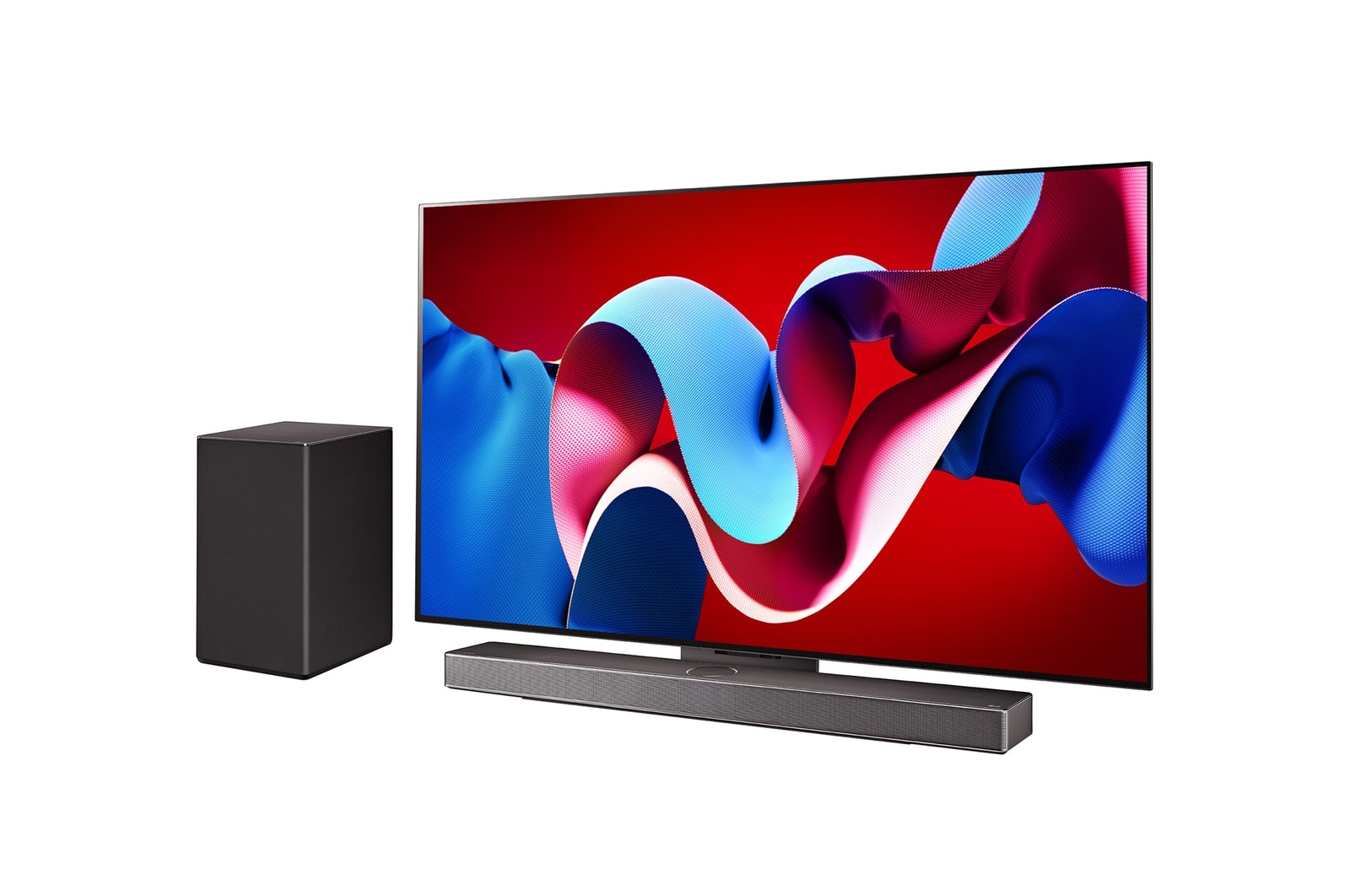 LG OLED evo C4 4K 智能電視稍微向右傾斜的側面視圖，下方有 LG Soundbar，側邊有一個重低音喇叭