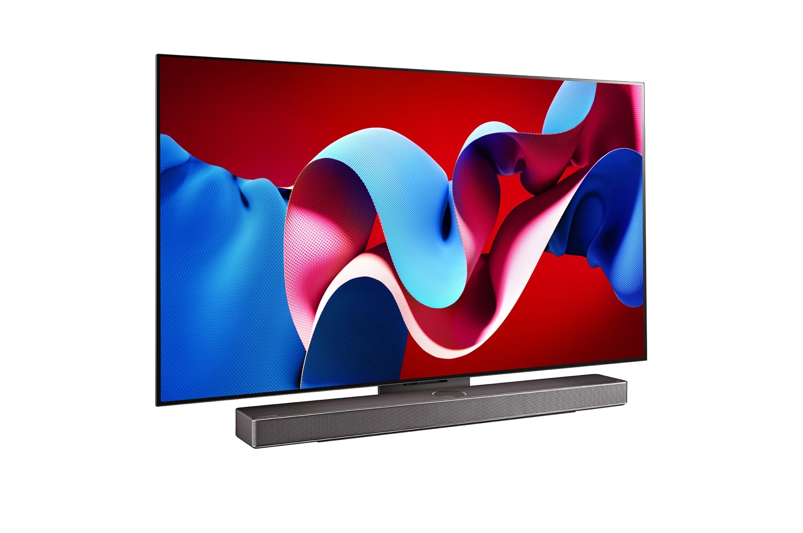 LG OLED evo C4 4K 智能電視稍微向右傾斜的側面視圖，下方有 LG Soundbar