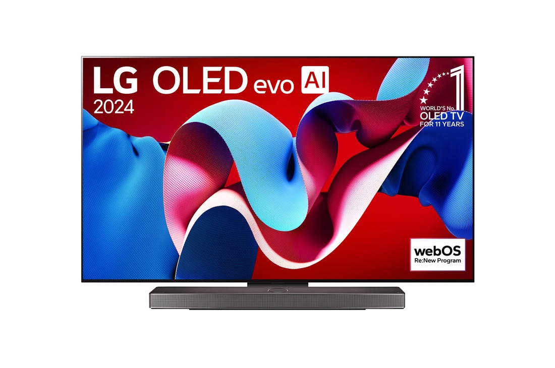 正面視圖，LG OLED evo C4 4K 智能電視，11 年世界第一的 OLED 標誌和 webOS Re:New 計劃標誌顯示在屏幕上，而其下方是 Soundbar