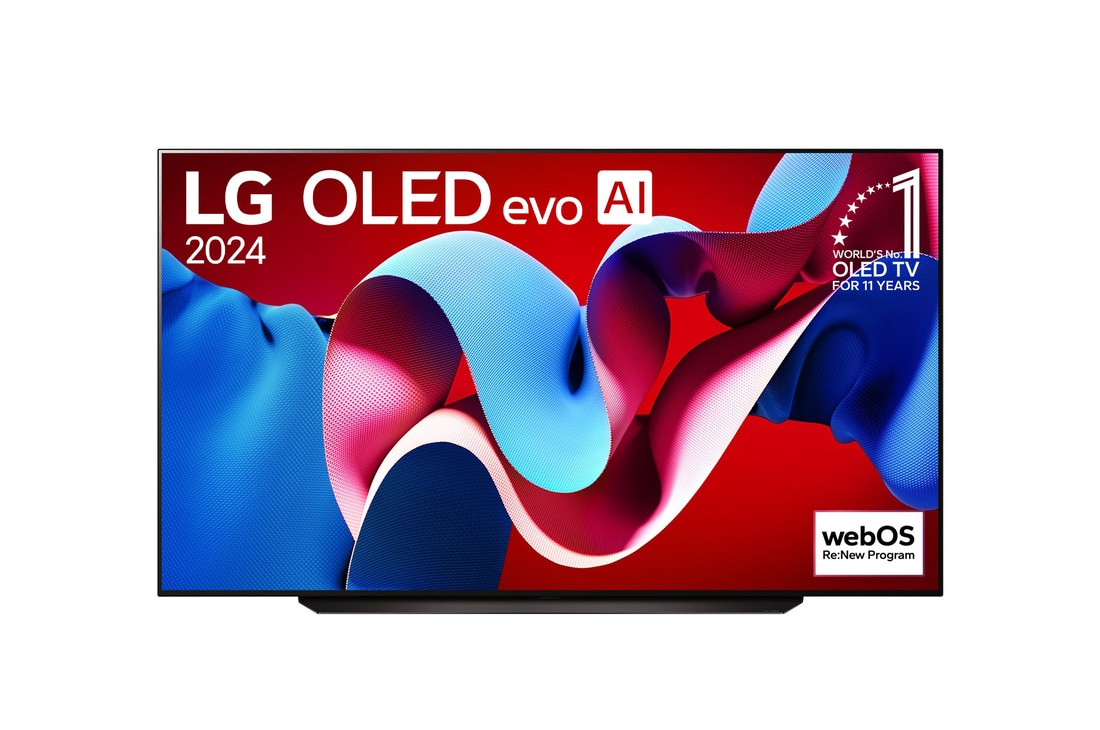 正面視圖，LG OLED evo C4 4K 智能電視，11 年世界第一的 OLED 標誌和 webOS Re:New 計劃標誌顯示在屏幕上