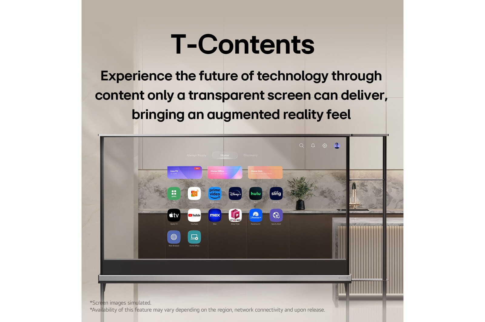LG SIGNATURE OLED T 顯示 LG webOS 主畫面。由於電視處於透明模式，因此 UI 看起來就像是飄浮在空中，與現實融為一體。標題為：T-Contents，專為透明螢幕而設，與現實融為一體。