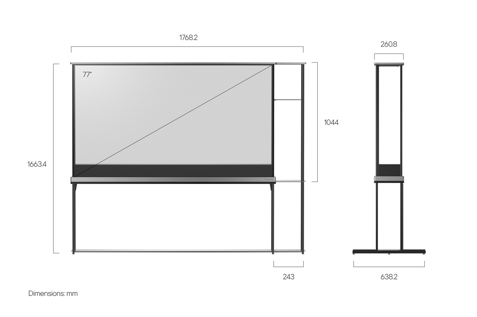 LG SIGNATURE OLED T 及模組式層架的正視圖，以及顯示著尺寸的 LG SIGNATURE OLED T 側視圖。