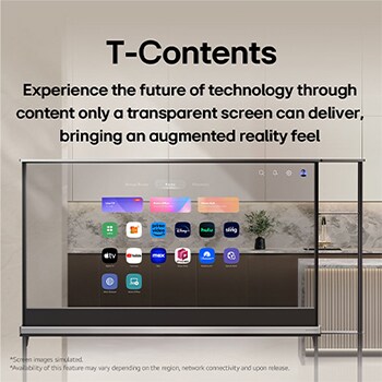 LG SIGNATURE OLED T 顯示 LG webOS 主畫面。由於電視處於透明模式，因此 UI 看起來就像是飄浮在空中，與現實融為一體。標題為：T-Contents，專為透明螢幕而設，與現實融為一體。