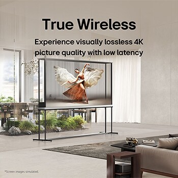 LG Signature OLED T 置於現代客廳中央，描繪一位舞者。Zero Connect Box 放在梳化旁邊的小桌上。