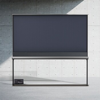 LG SIGNATURE OLED T 的後視圖，拉上陰影以顯示黑色背景和 Zero Connect Box 的背面。