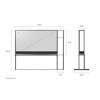 LG SIGNATURE OLED T 及模組式層架的正視圖，以及顯示著尺寸的 LG SIGNATURE OLED T 側視圖。