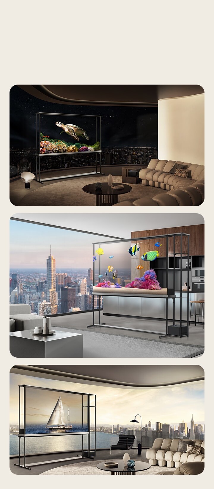 LG Signature OLED T 放置於三種不同客廳環境。在不同的空間中，LG Signature OLED T 都處於透明模式，電視上的視覺效果彷彿懸浮於半空中，為房間增添了一絲精緻感。