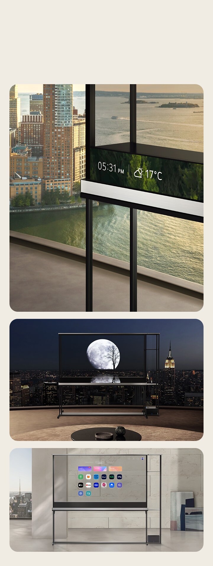 不同角度顯示透明模式下 LG Signature OLED T 的 T-Contents。其中一個為資訊列的特寫。另一個為 LG webOS 圖示，彷彿浮在半空中。另一個為月亮的視覺效果，與窗外實際的夜晚地平線融為一體。
