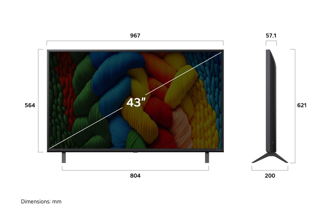 LG NanoCell NANO80 AI 4K 智能電視的正視圖和側視圖,顯示其長度、寬度、高度及深度尺寸。