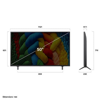 LG NanoCell NANO80 AI 4K 智能電視的正視圖和側視圖，顯示其長度、寬度、高度及深度尺寸。
