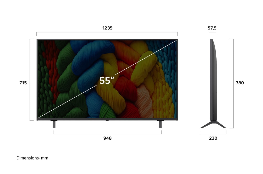 LG NanoCell NANO80 AI 4K 智能電視的正視圖和側視圖,顯示其長度、寬度、高度及深度尺寸。