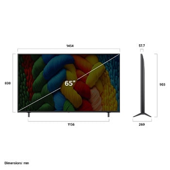 LG NanoCell NANO80 AI 4K 智能電視的正視圖和側視圖，顯示其長度、寬度、高度及深度尺寸。