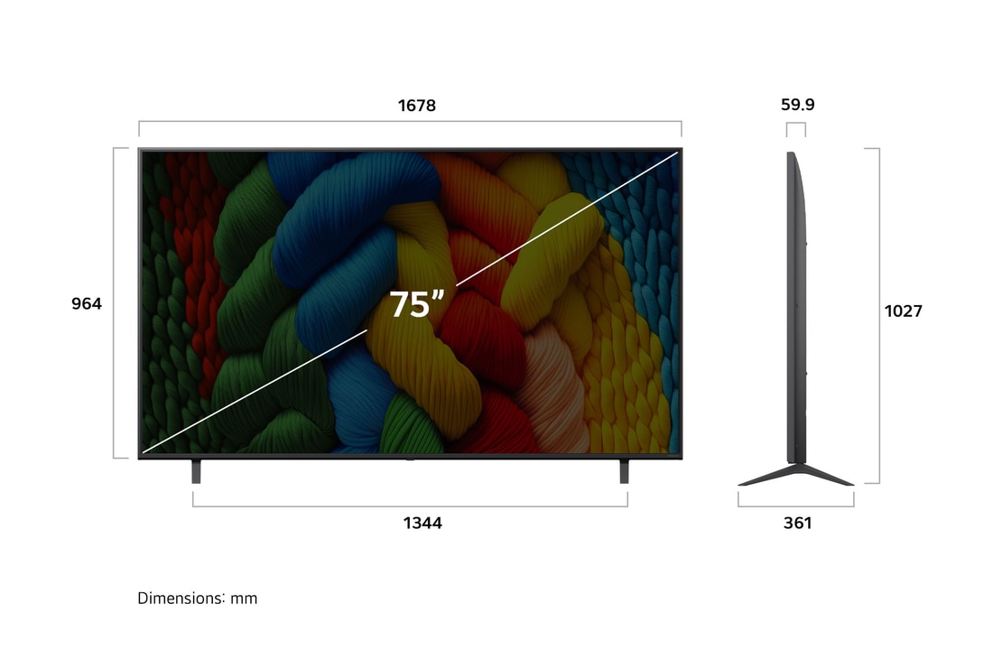 LG NanoCell NANO80 AI 4K 智能電視的正視圖和側視圖,顯示其長度、寬度、高度及深度尺寸。