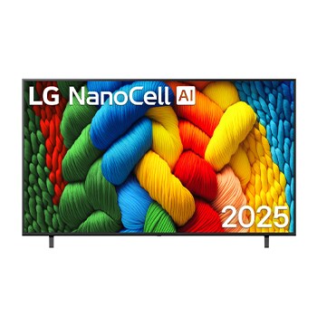 Nanocell 電視的正視圖，LG Nanocell Al 標誌顯示於上方角落。LG NanoCell NANO80 電視上描繪著色彩繽紛的顏料紋理。