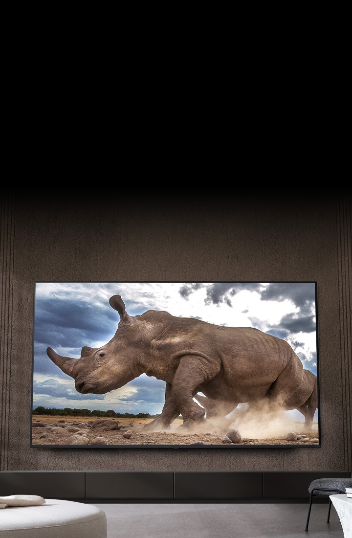 A rhinoceros in a safari setting is shown on an Ultra Big LG TV, mounted on the brown wall of a living room surrounded by cream-colored modular furniture.