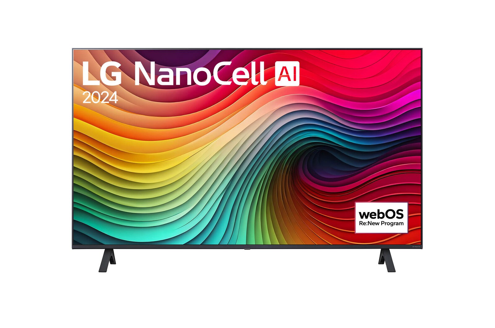 LG NanoCell 電視 NANO80 的正面圖，螢幕上顯示文字「LG NanoCell, 2024」和 webOS Re:New Program 標誌