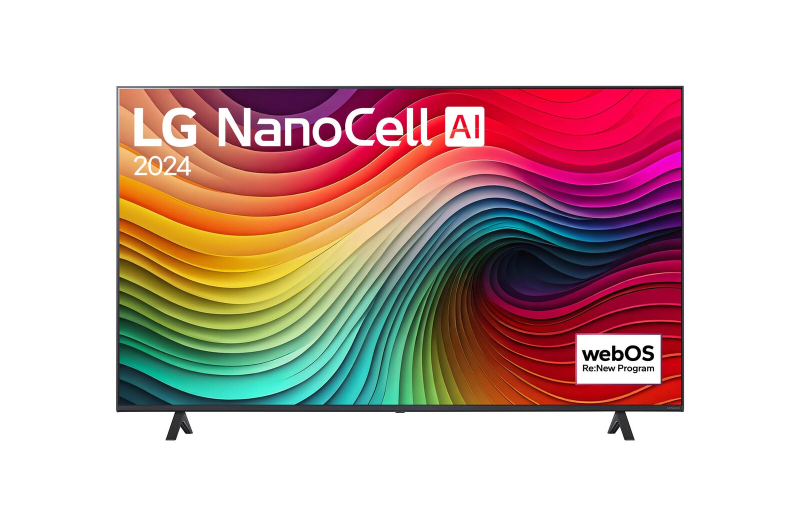 LG NanoCell 電視 NANO80 的正面圖，螢幕上顯示文字「LG NanoCell, 2024」和 webOS Re:New Program 標誌